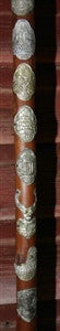 Antique Walking Stick 11 Badges Medallions Stocknagels 34 1/2 Inches Long